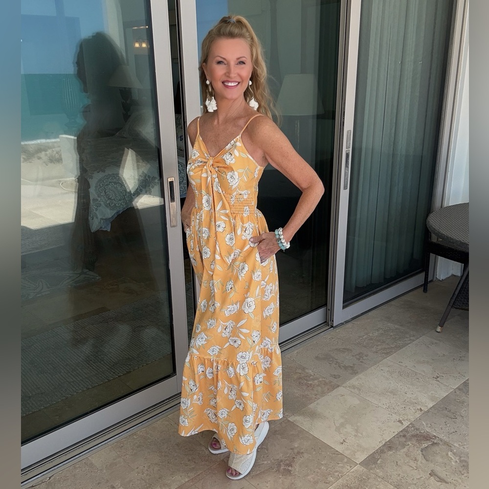 NWT FLORAL SPRING 2025 TIE FRONT MAXI DRESS W POCKETS-S